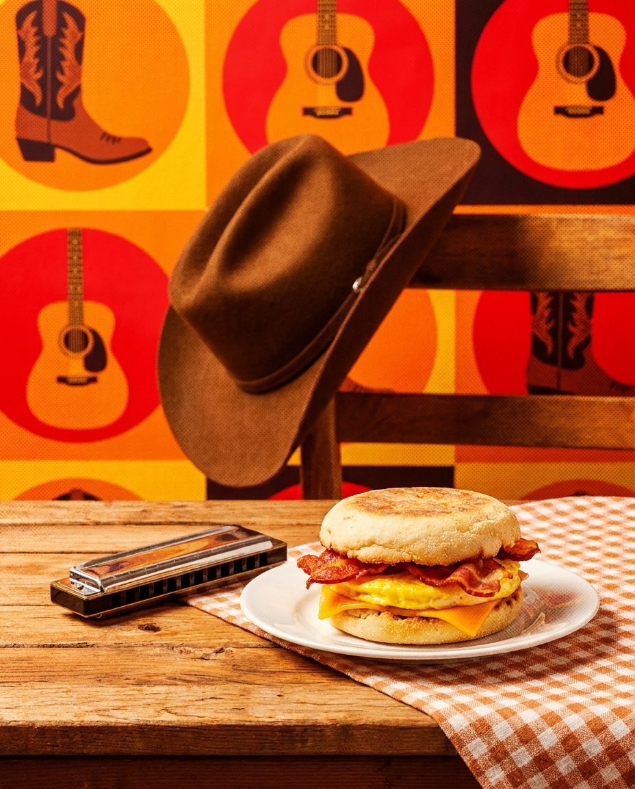 ViralMeme illustration: a breakfast sandwich on a plate beside a harmonica, with a cowboy hat on a chair and a retro orange guitar pattern behind.