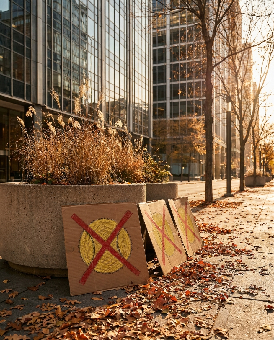 ViralMeme illustration: cardboard protest signs with a crossed-out yellow fuzzy ball, leaning against a planter outside an office tower in autumn.