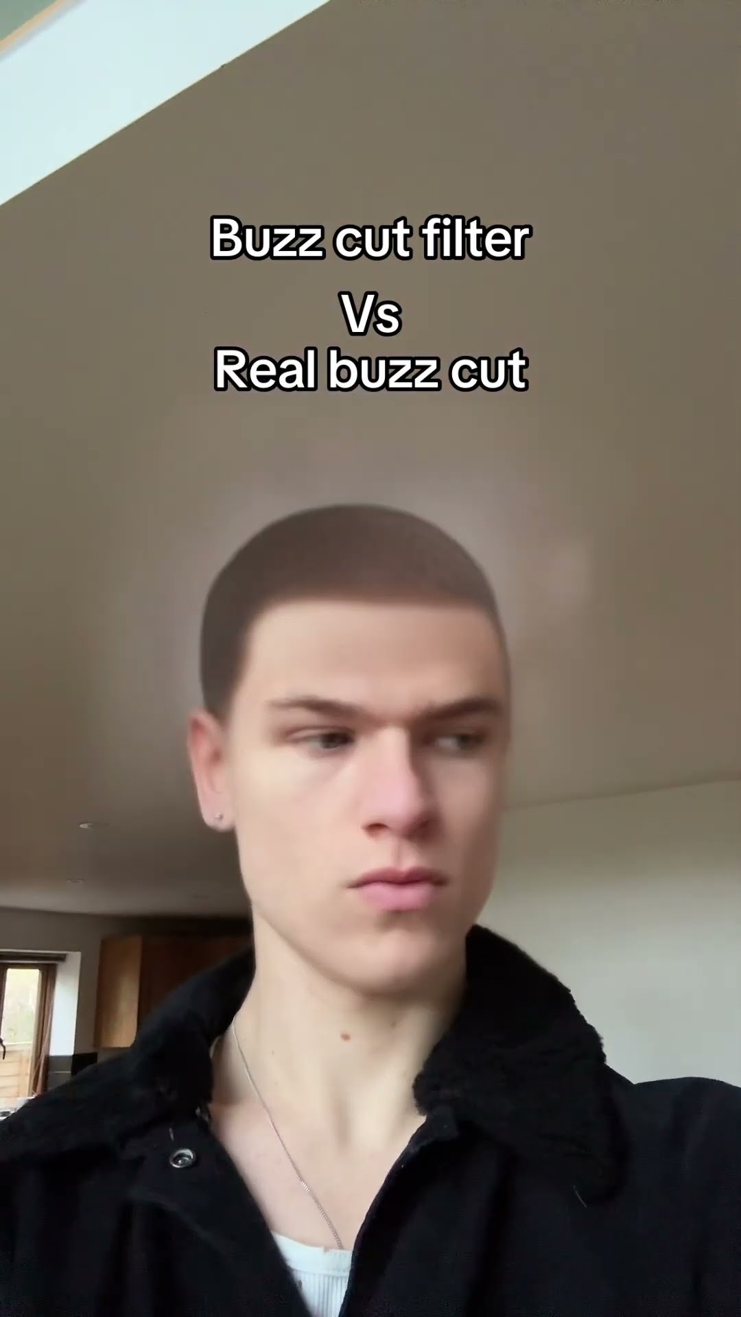 Buzz Cut Filter: a frame of a post of the trend by James Edward on YouTube, captioned "Buzz cut filter vs real buzz cut"