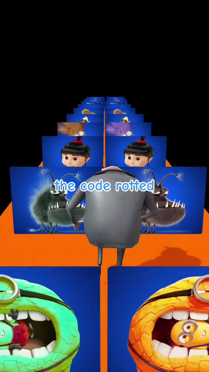 A frame of the original post by @diaryofawimpykidfan01 on TikTok: Gru walks between gates of Despicable Me faces under the text "the code rotted."