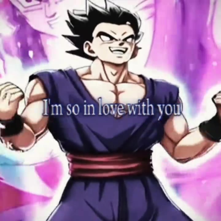 A frame of @skobodo_tolot's September 2026 TikTok: Gohan from Dragon Ball dancing, with the lyric "I'm so in love with you" written over him.