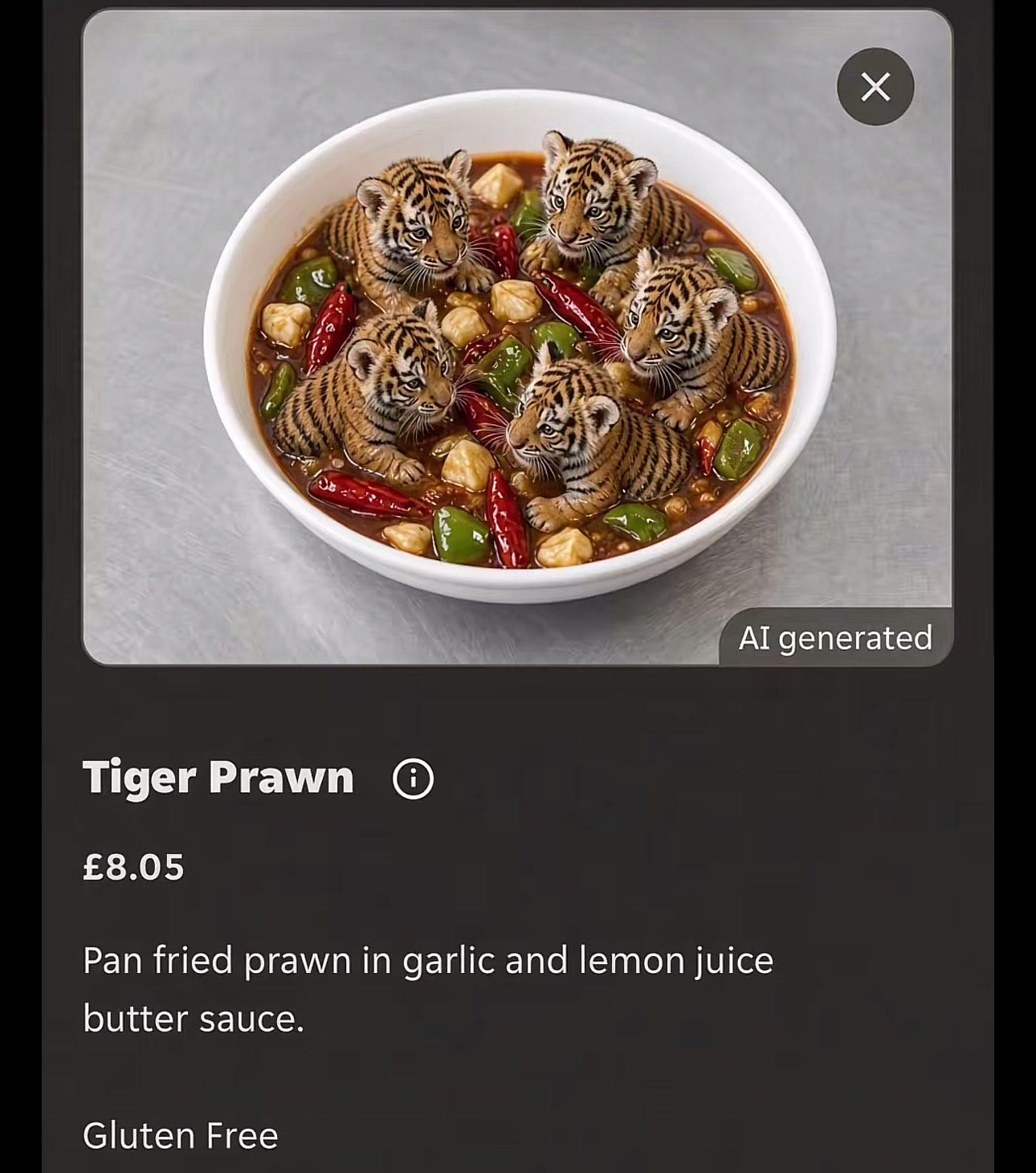 Screenshot from the Just Eat app shared on X: a "Tiger Prawn" dish, labelled AI generated, shown as tiger cubs sitting in a bowl of sauce.