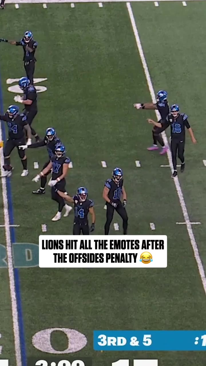 A frame of the NFL's October 25, 2026 clip: Lions players dancing on the field after the Packers' offsides penalty, captioned "Lions hit all the emotes after the offsides penalty."
