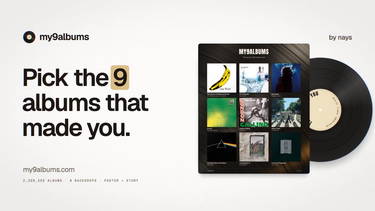 A frame of Nahue Alberti's September 28, 2026 post on X: a sample My9Albums poster of nine album covers next to the words "Pick the 9 albums that made you."
