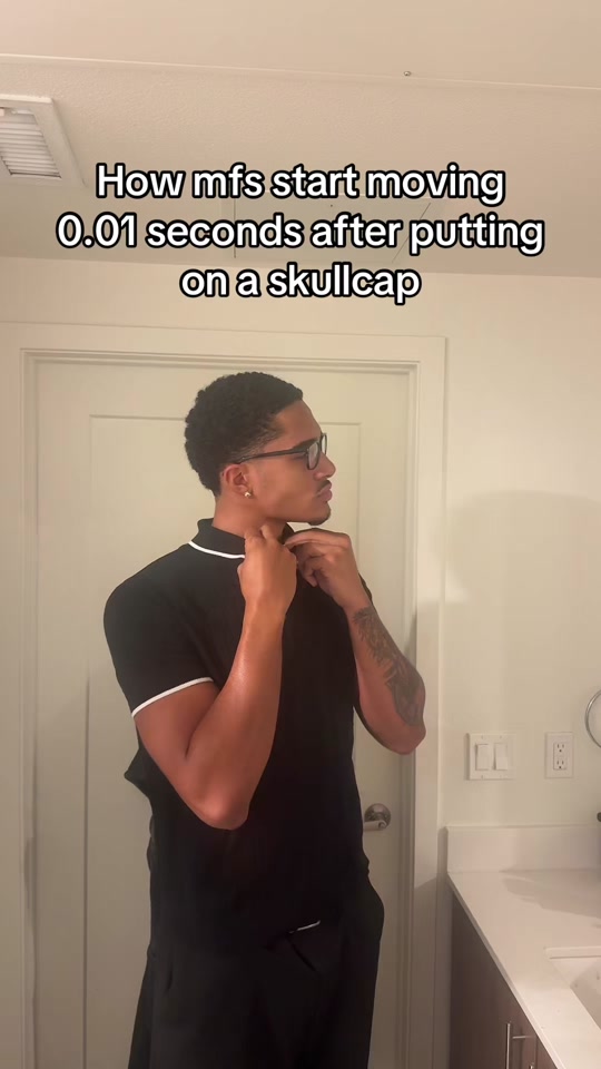 A frame of @notfromco’s Skull Cap Trend example on TikTok, before the cap reveal, with its on-screen caption.