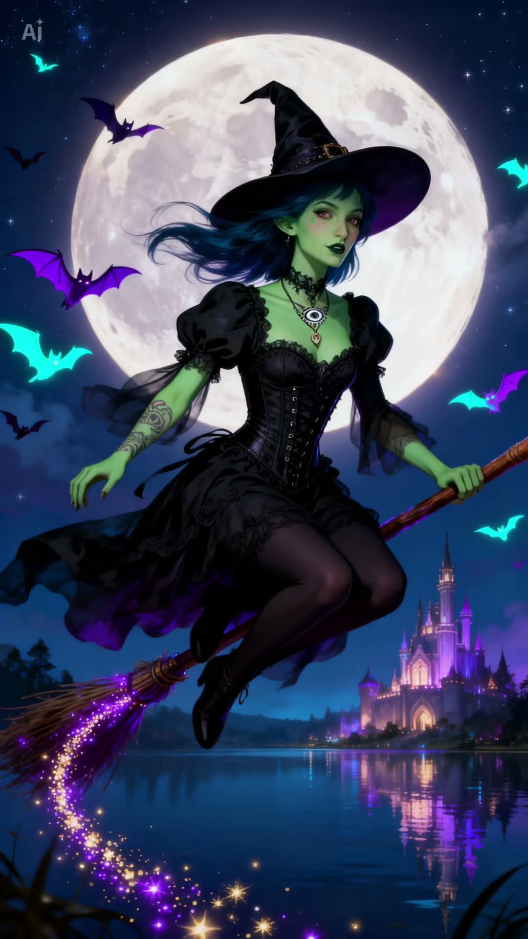 Witch Filter: a frame of a post of the trend by bree nuggs on YouTube, a witch riding a broom past a full moon